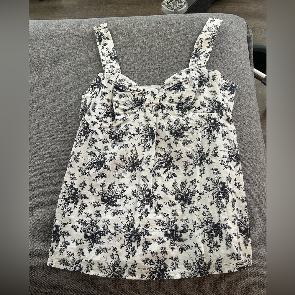 LOFT White Tank with Black Floral Toile Print